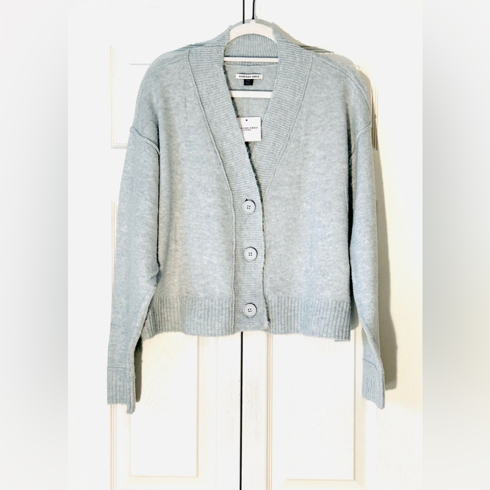 American Eagle Outfitters Light Blue Ribbed Hem Cropped Knit Cardigan